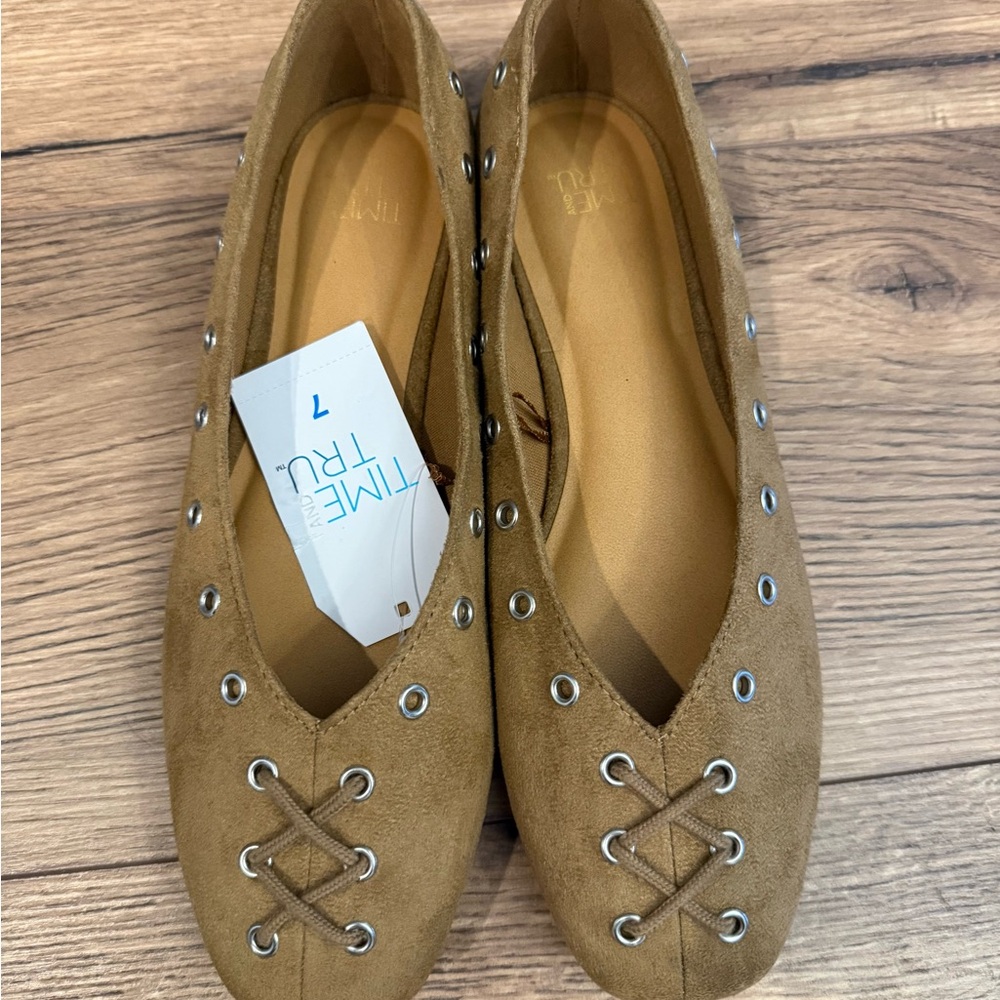 Time and Tru Tan Suede Lace-Up Ballet Flats